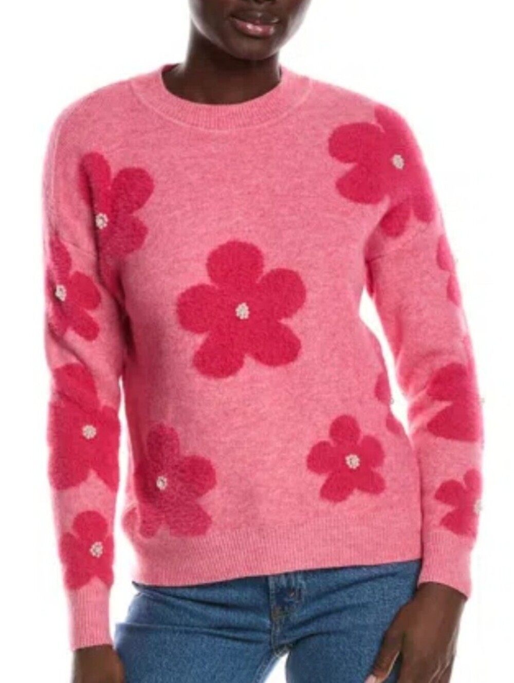 Nanette Lepore Eyelash Intarsia Floral Sweater Medium Pink Pearl Flower Knit